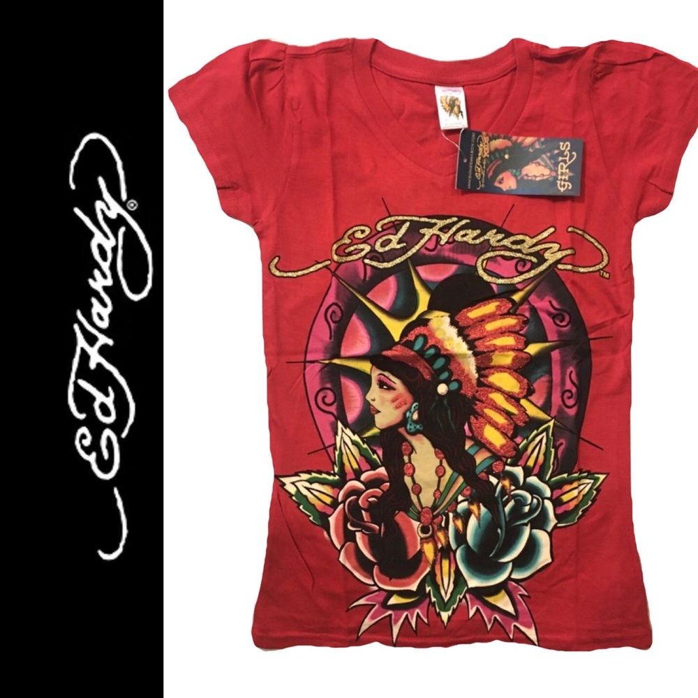 Worn once!!! ED Hardy Girls Red Short Sleeve Graphic Y2K T-Shirt